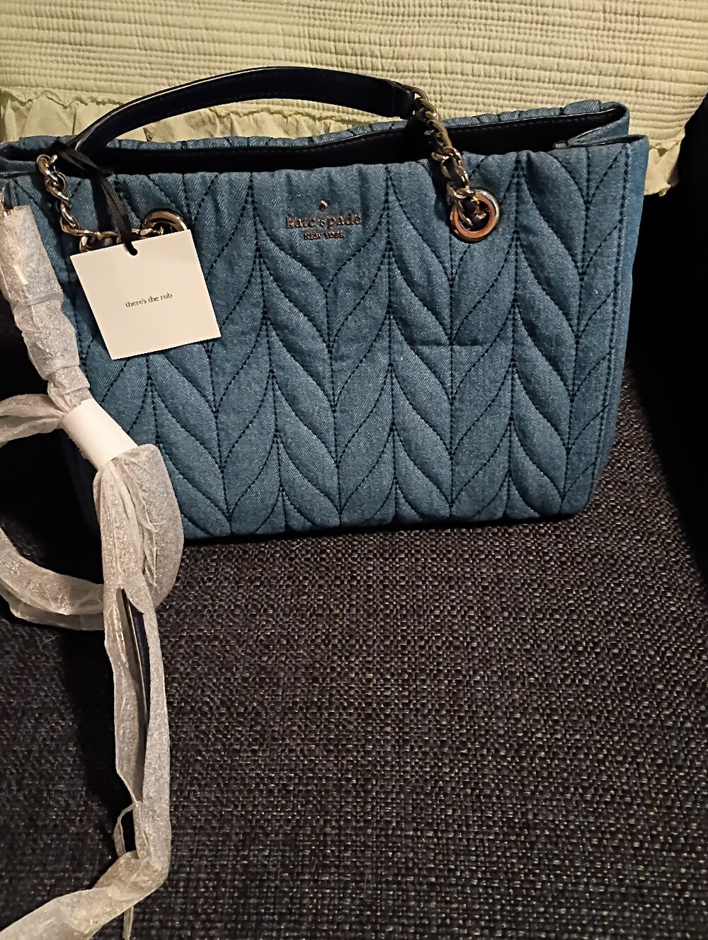 Kate Spade Meena Briar Lane  Quilted Denim-Style Blue Tote with Chain Handles